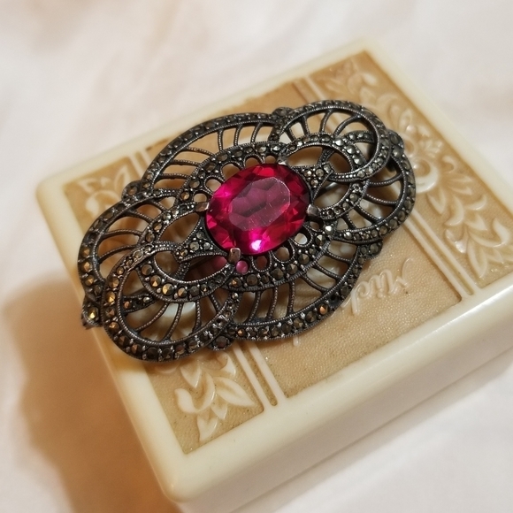Art Deco 1930s Synthetic Ruby Marcasite Brooch Sterling Silver - Picture 3 of 5
